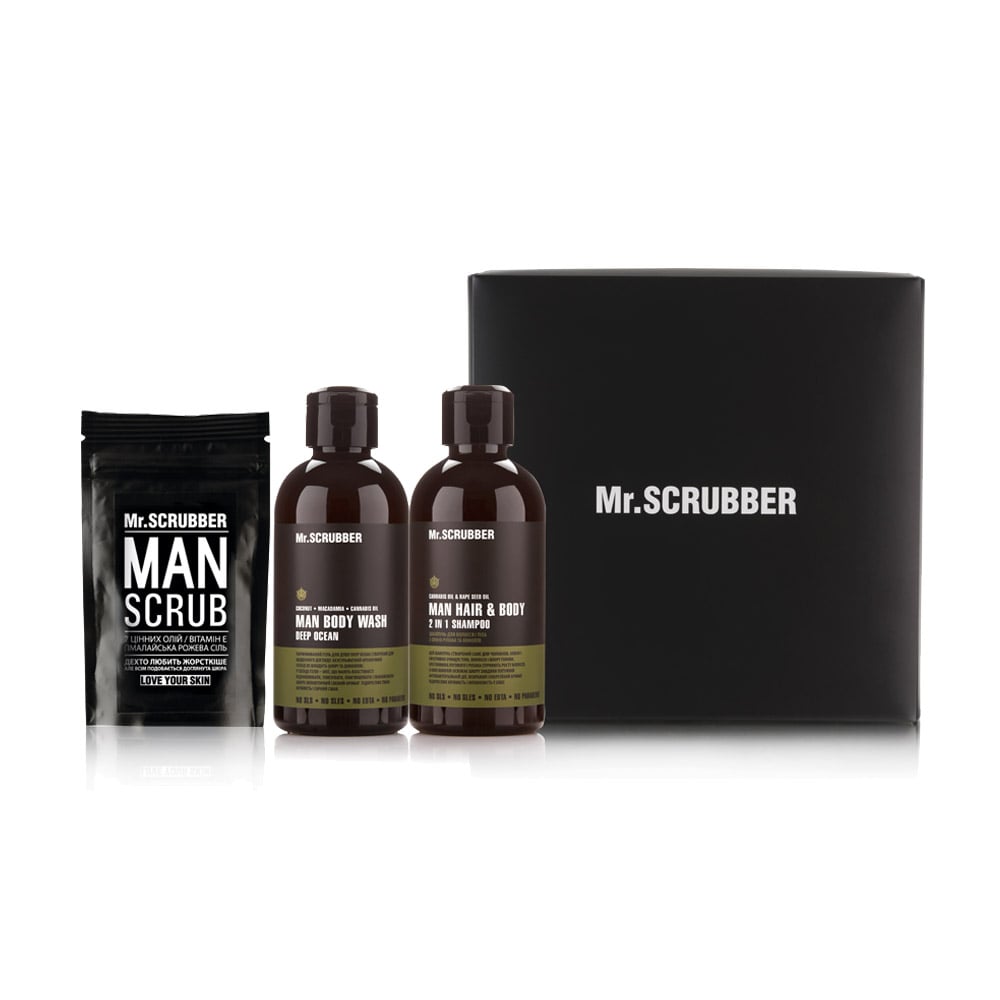 Набір чоловічий Mr.Scrubber New Man Basic (шампунь для волосся та тіла, 250 мл + гель для душу, 250 мл + кавовий скраб для тіла, 100 г)